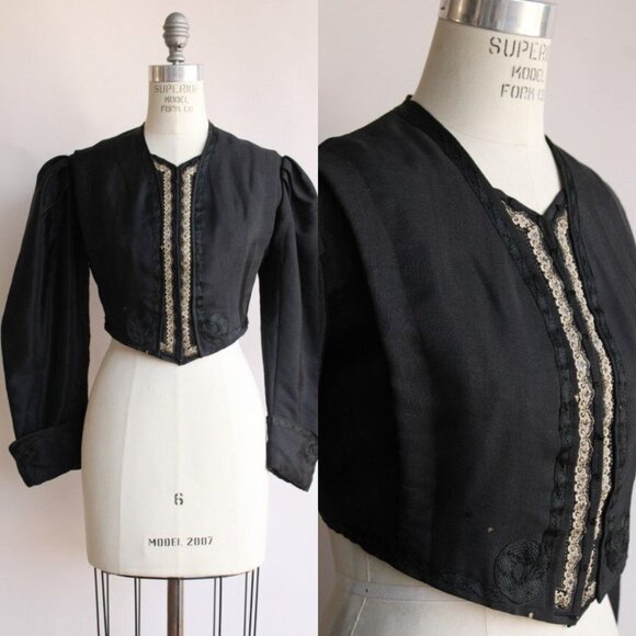 Vintage Antique 1800s Victorian Jacket, Large Size Black Silk Edwardian - Picture 1 of 10